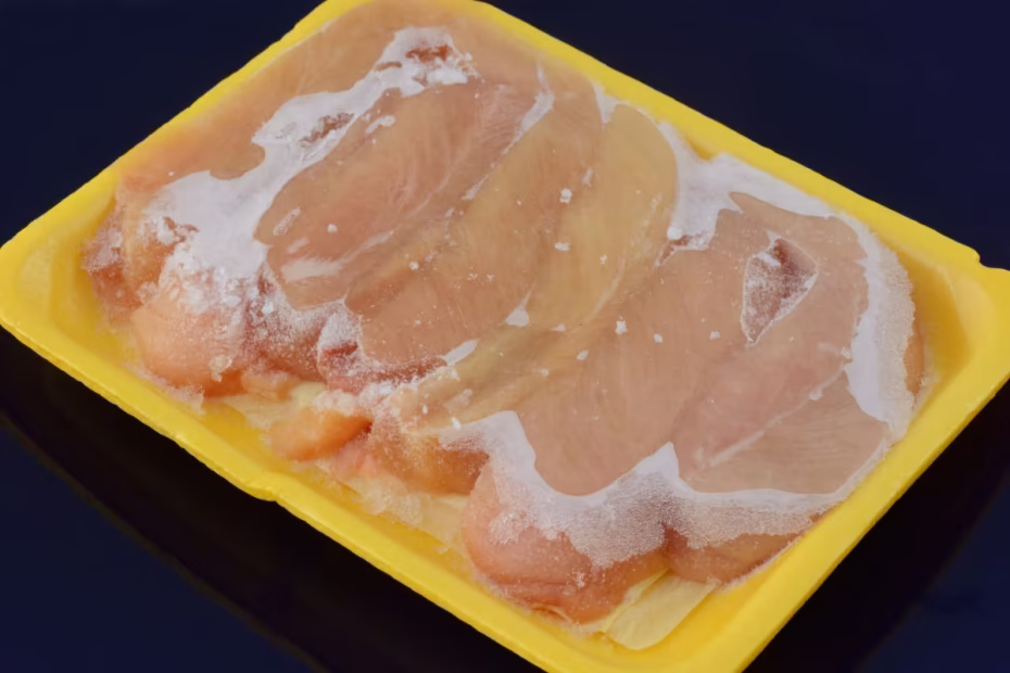 Filézinho de frango com congelado dentro de uma bandeja de isopor.